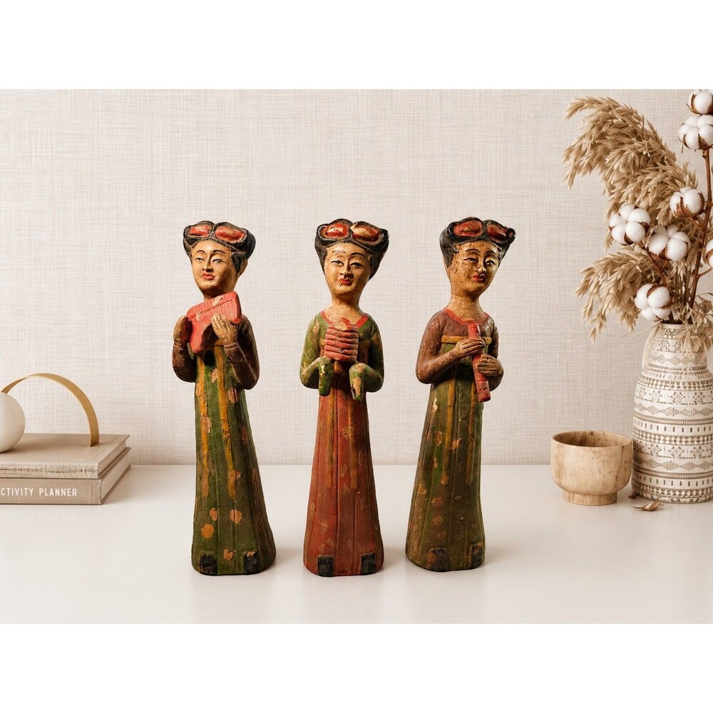 Vintage Hand Carved Wood Figurines Set of 3 Asian Women Musicians Painted...